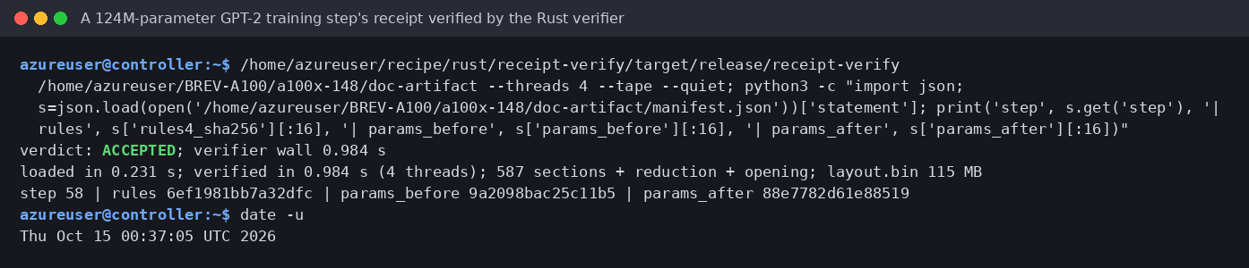 Recorded Rust verifier output: step 58 ACCEPTED, verified in 0.984 seconds on four threads after loading in 0.231 seconds.